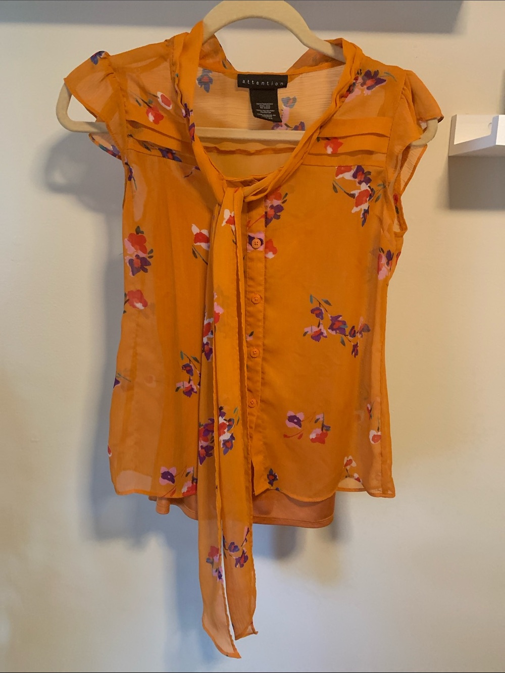 attention Orange Sheer Floral Tie-Front Blouse